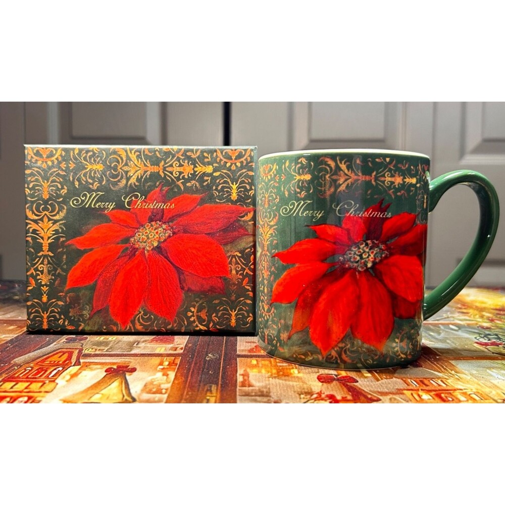 LANG Old Fashion Christmas Poinsettia Floral Ceramic Mug 4in MW/DS Safe Box